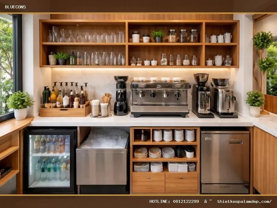 Cách phân vùng quầy cafe mini để thao tác nhanh và giữ mặt quầy gọn – ảnh minh họa Bluecons