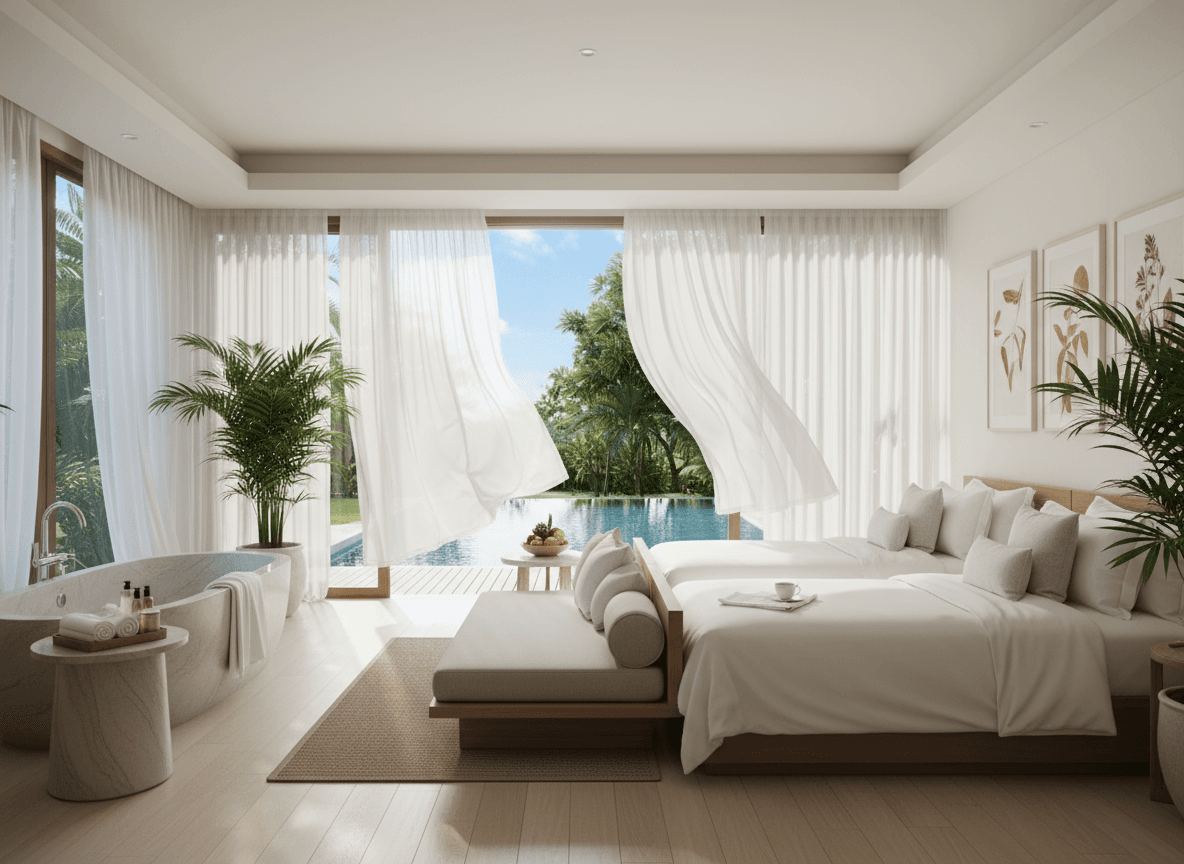 Firefly 5 Star Resort Style Spa Room With Pool Or Garden View Twin Beds White Flowing Curta 195706