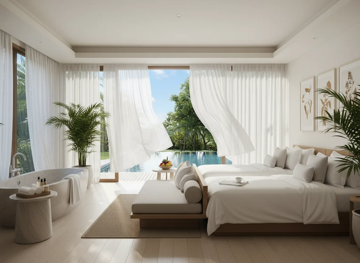 Firefly 5 Star Resort Style Spa Room With Pool Or Garden View Twin Beds White Flowing Curta 195706