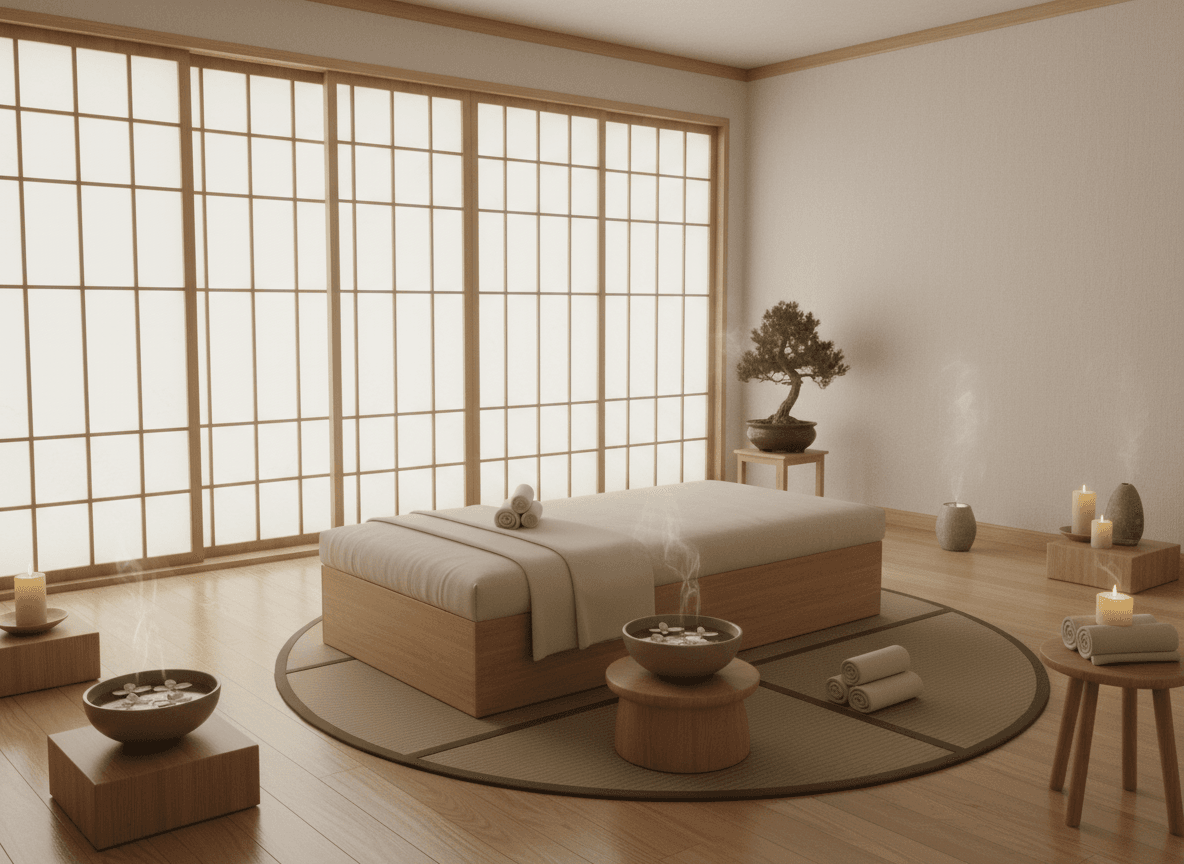 Firefly Apanese Zen Style Spa Massage Room With Light Wooden Furniture Shoji Sliding Doors 195706