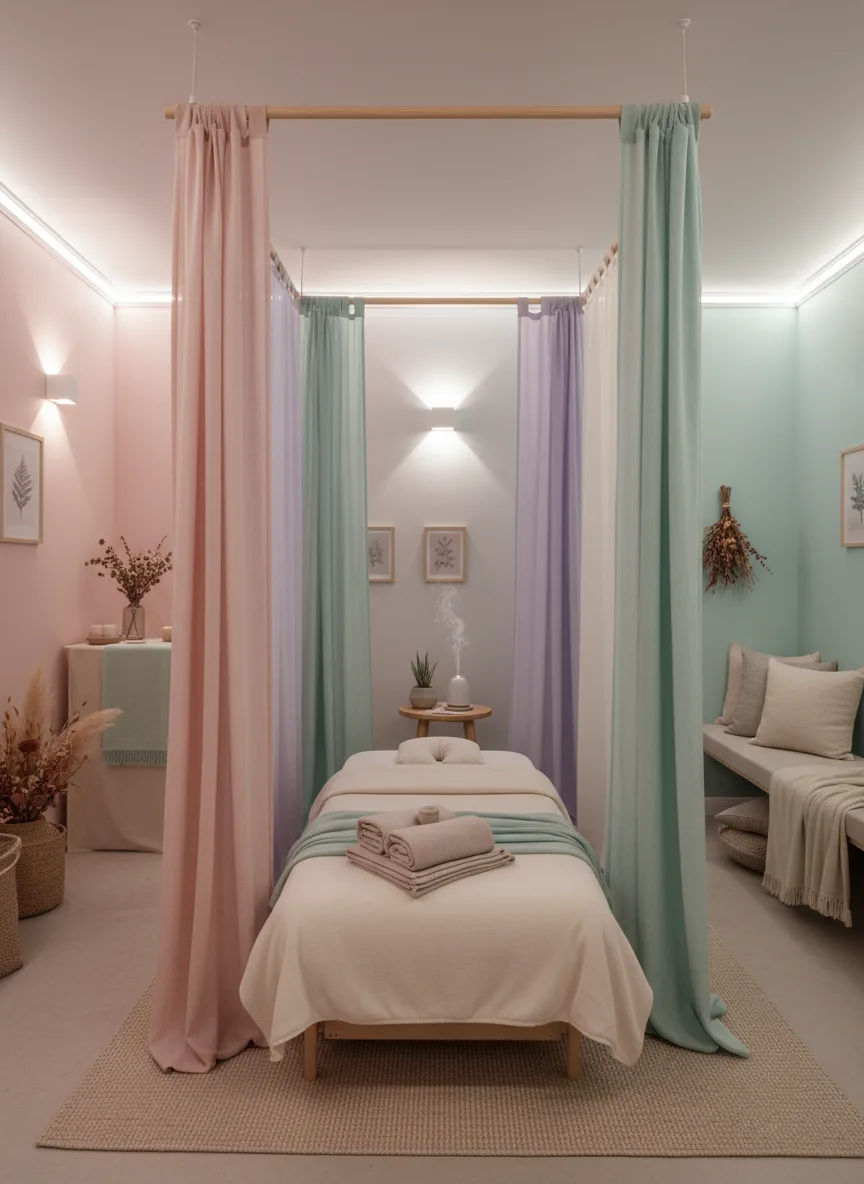 Firefly Beautiful Small Spa With Soft Pastel Tones Fabric Curtains Dividing Zones Small Cli 349580