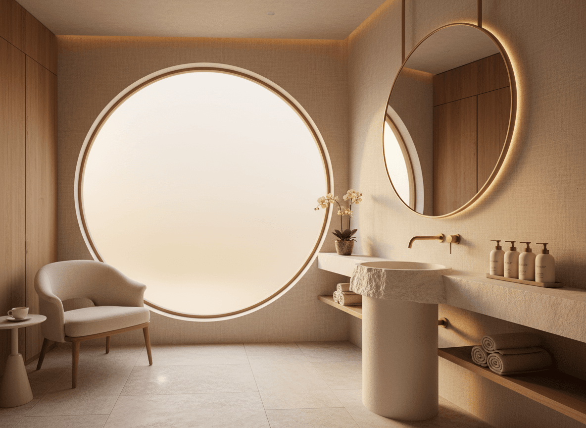 Firefly Beige Tone Facial Care Area In Spa White Stone Sink Round Mirror Soft Warm Lightin 286159
