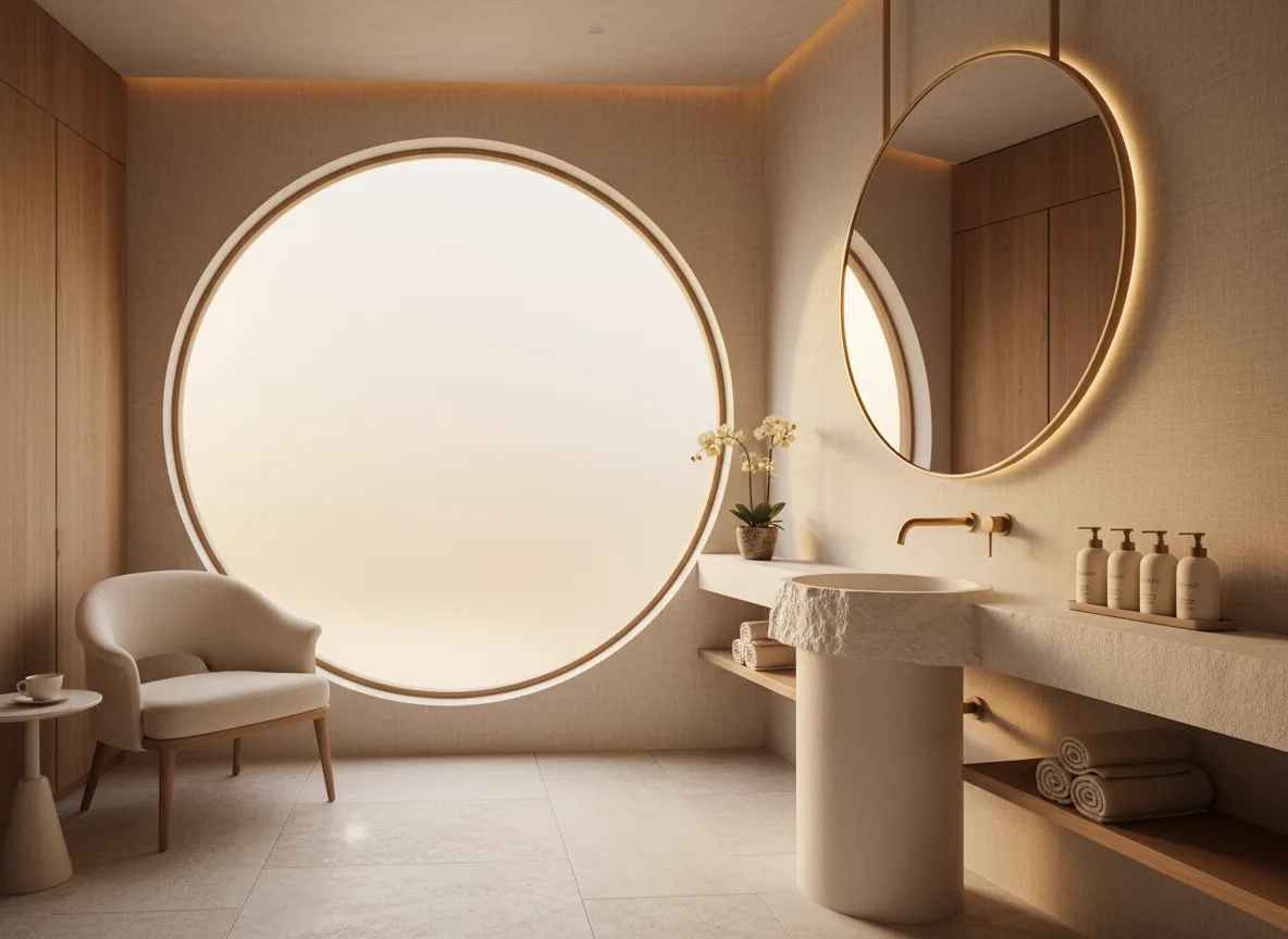 Firefly Beige Tone Facial Care Area In Spa White Stone Sink Round Mirror Soft Warm Lightin 286159