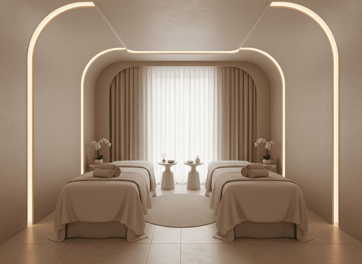 Firefly Beige Tone Spa Massage Room Twin Beds Hidden Ceiling Led Lights Light Curtains Mi 286159