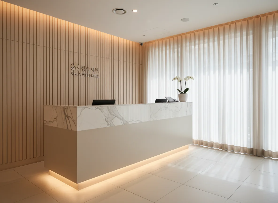 Firefly Beige White Spa Reception Desk With Hidden Led Lights Marble Cloud Pattern Counterto 349580