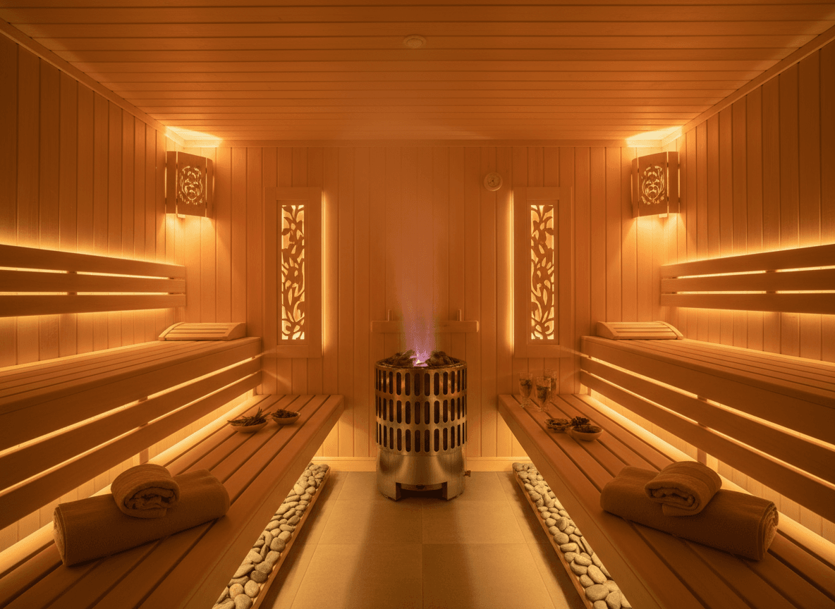 Firefly Double Spa Sauna Room For Couples With Parallel Wooden Benches Golden Lighting And 195706