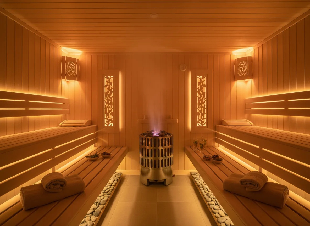 Firefly Double Spa Sauna Room For Couples With Parallel Wooden Benches Golden Lighting And 195706
