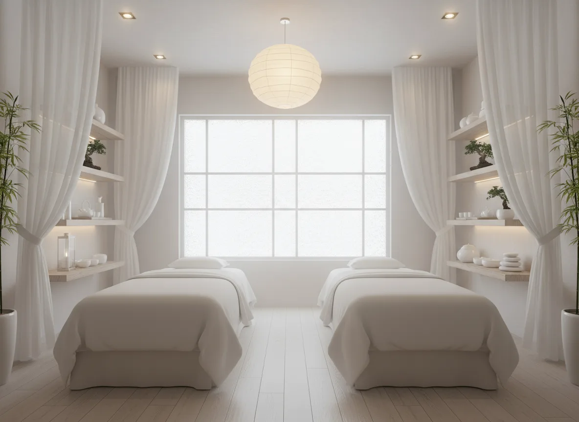 Firefly Elegant White Tone Spa Space With Treatment Beds Soft White Curtains Gentle Lighti 231272