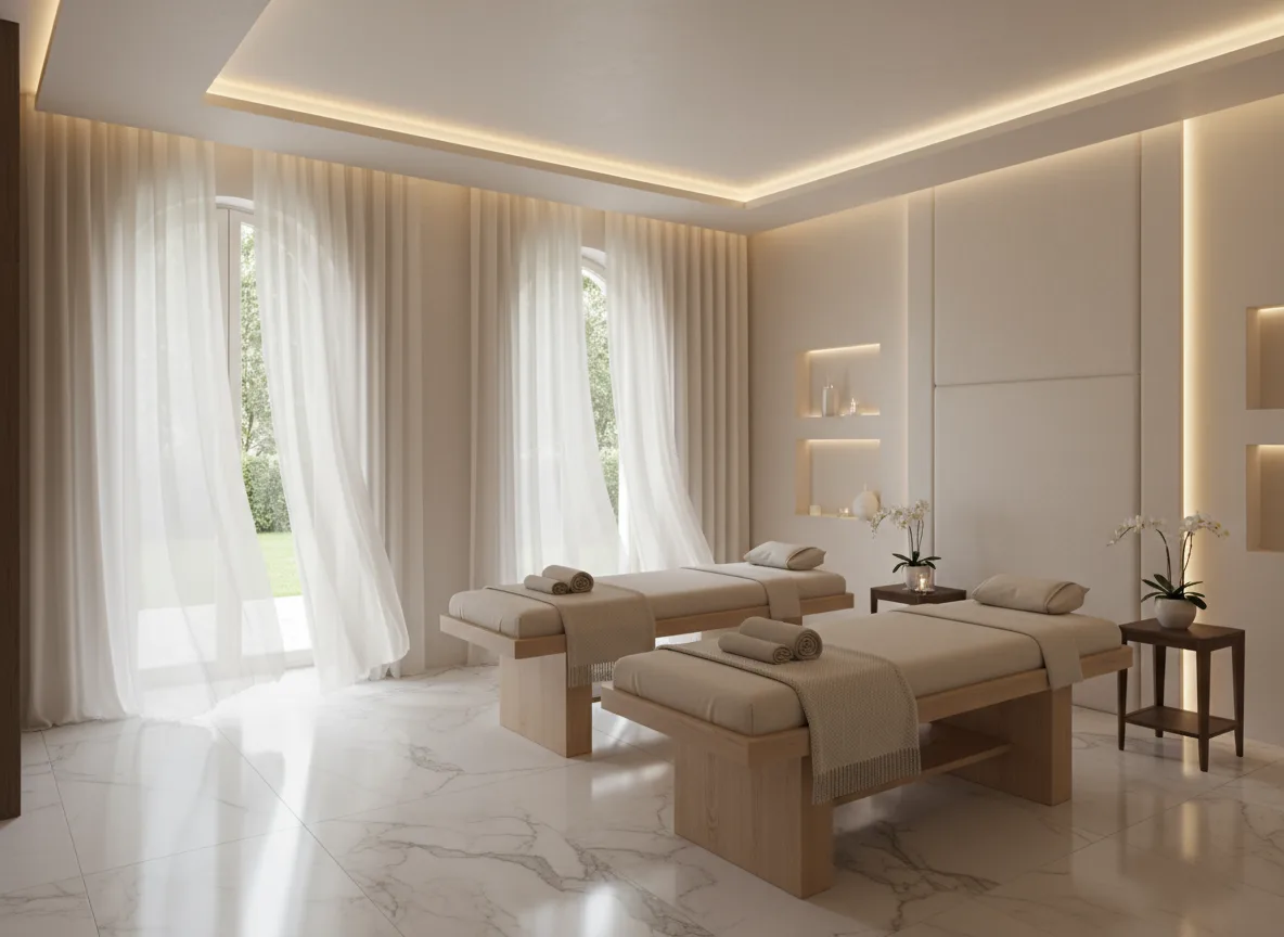 Firefly Gemini Flash 5 Star Beige White Spa Room With Silk Curtains Recessed Led Lighting Marble Floor 195706
