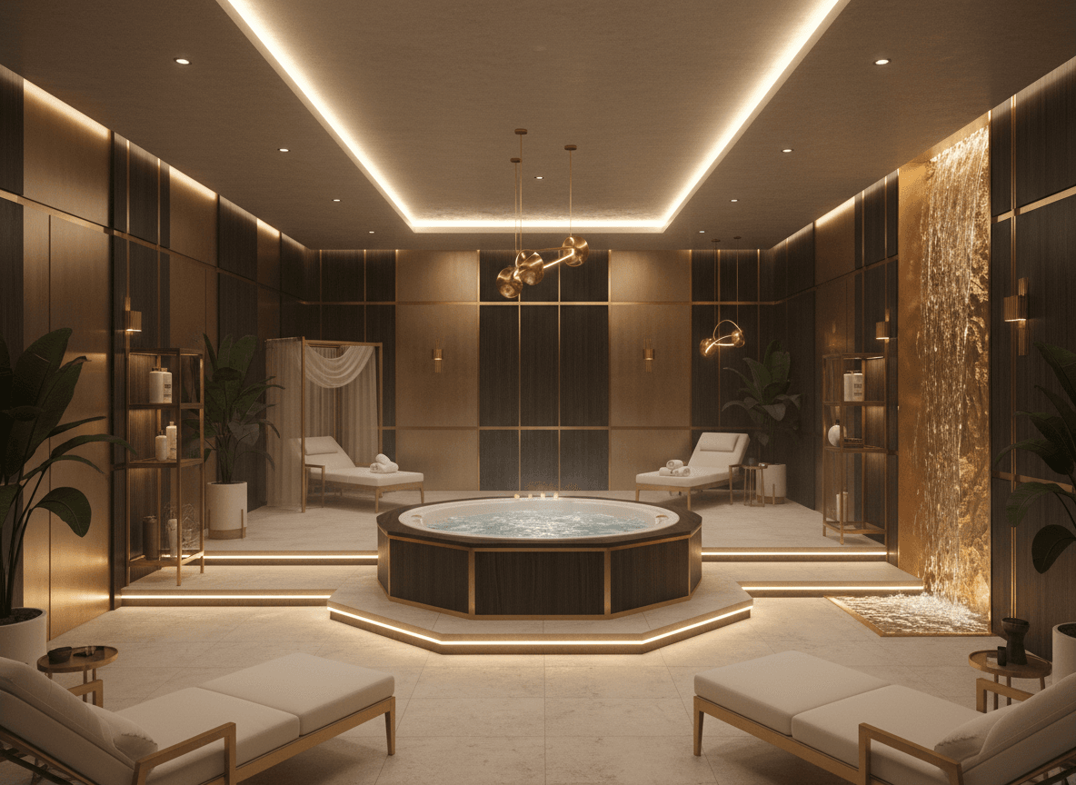 Firefly Gemini Flash 5 Star Gold Accent Spa Room With Led Edge Lighting High Ceiling Wood And Metal Mate 195706