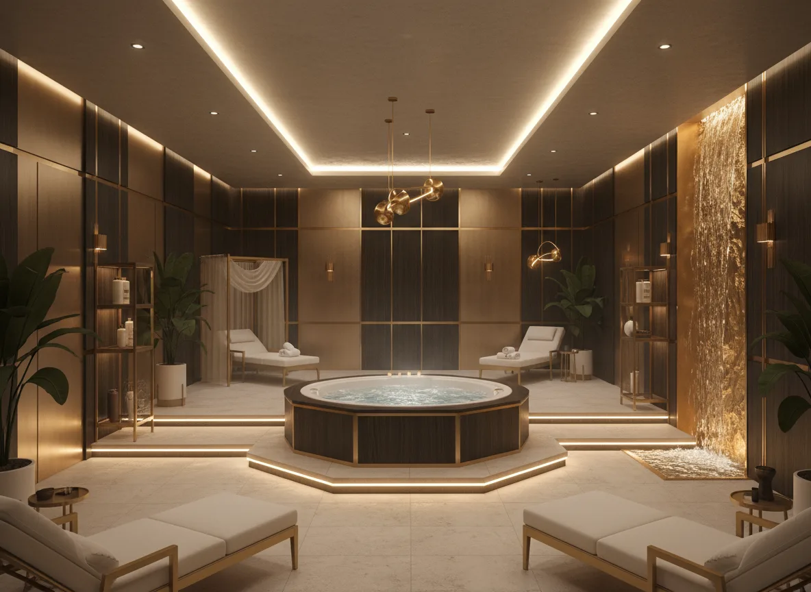 Firefly Gemini Flash 5 Star Gold Accent Spa Room With Led Edge Lighting High Ceiling Wood And Metal Mate 195706