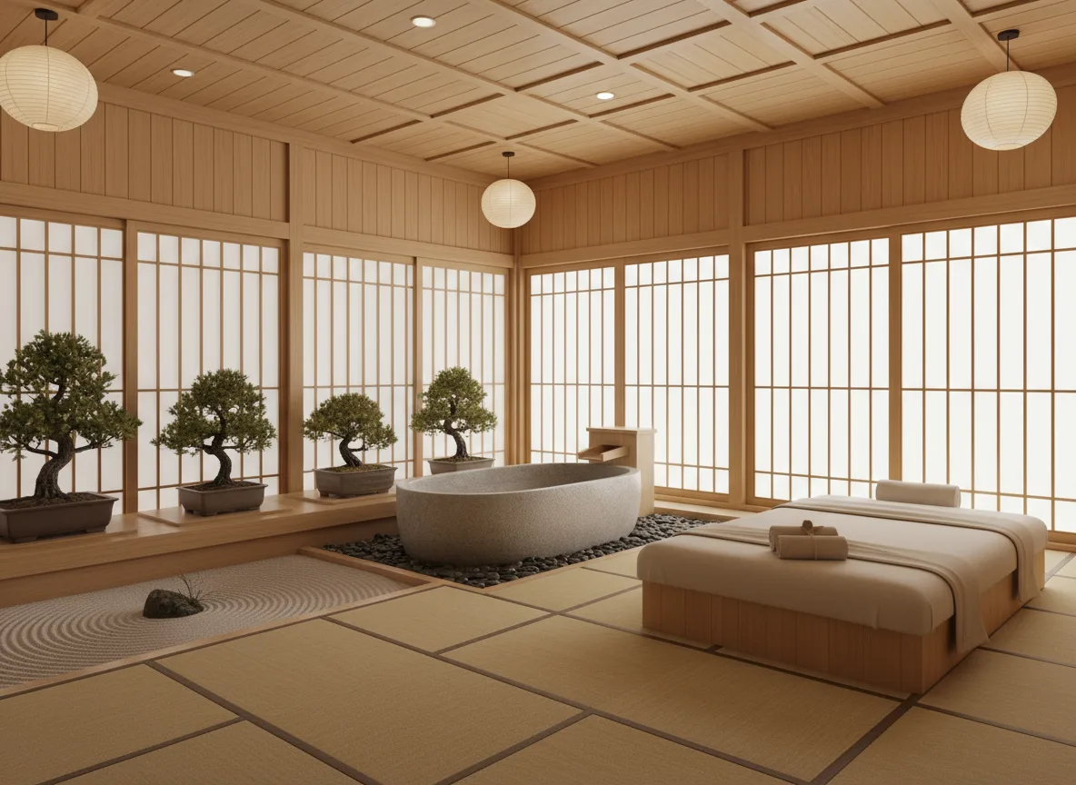 Firefly Gemini Flash 5 Star Japanese Zen Style Spa Room With Light Wood Walls Shoji Sliding Doors Soft L 201704