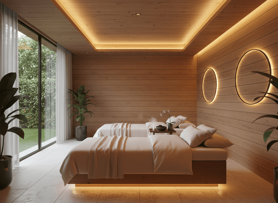 Firefly Gemini Flash 5 Star Modern Spa Room Design With Natural Wood Wall Panels Warm Golden Lighting Tw 195706 Firefly Gemini Flash 5 Star Modern Spa Room Design With Natural Wood Wall Panels Warm Golden Lighting Tw 195706