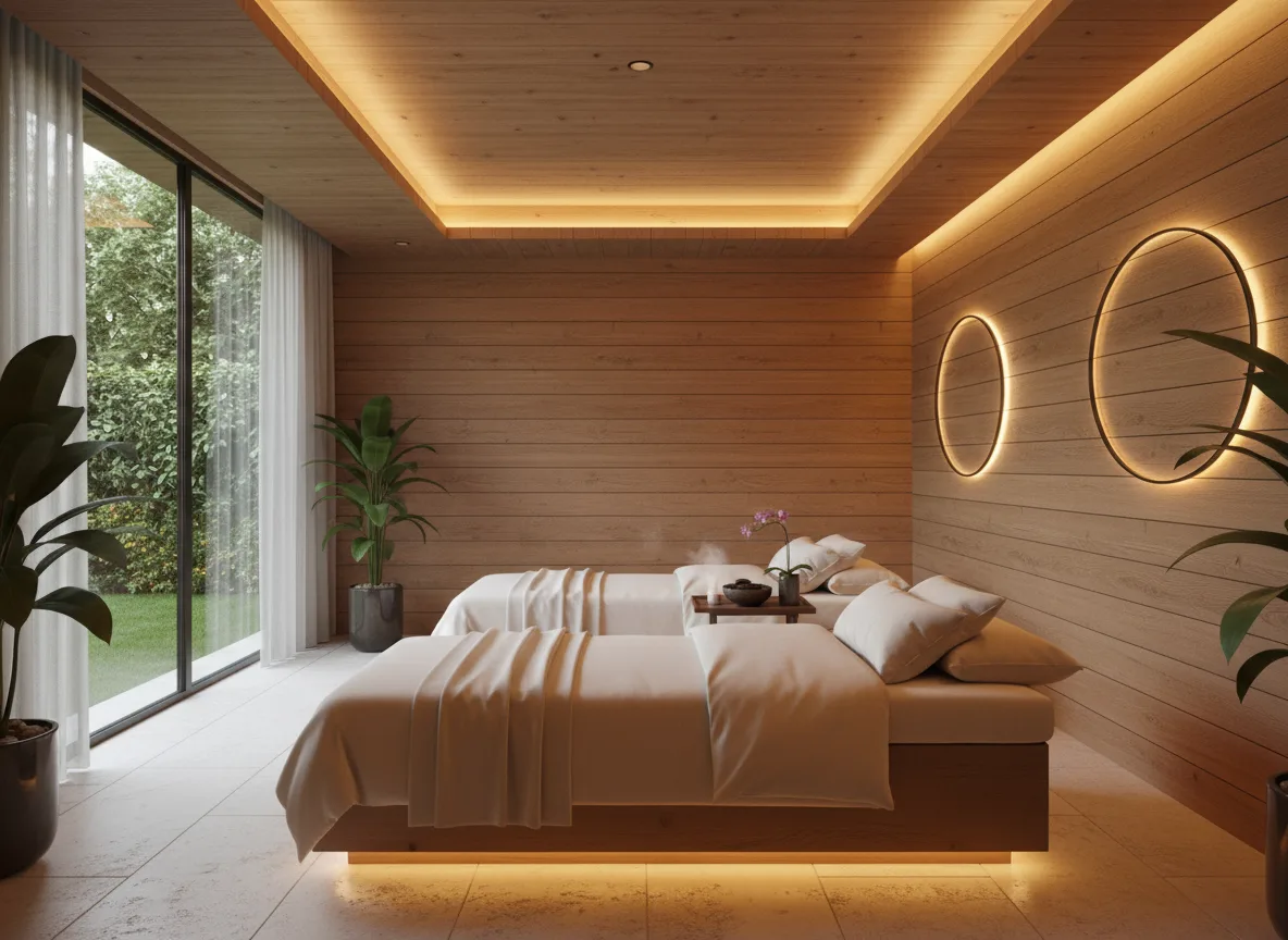 Firefly Gemini Flash 5 Star Modern Spa Room Design With Natural Wood Wall Panels Warm Golden Lighting Tw 195706