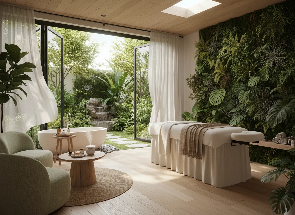 Firefly Gemini Flash 5 Star Nature Inspired Spa Room With Light Wood Flooring Greenery Natural Daylight 195706