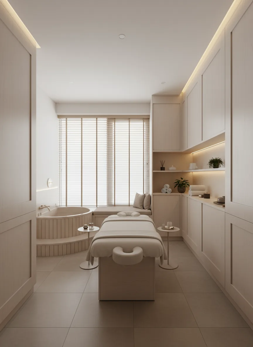 Firefly Gemini Flash Beautiful Small Spa Design Optimized 25m2 Layout White Beige Tones Mdf Wood Interi 349580