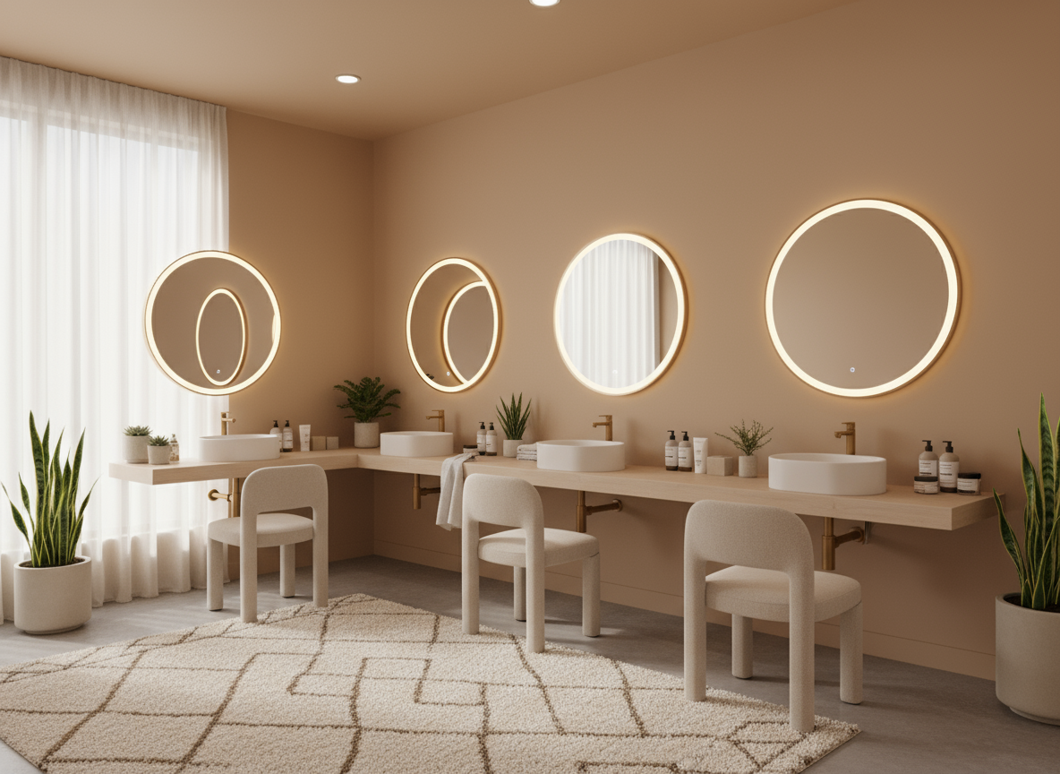 Firefly Gemini Flash Bright Beige Skincare Area With Round Mirrors Soft Lighting Clean And Modern Interi 286159