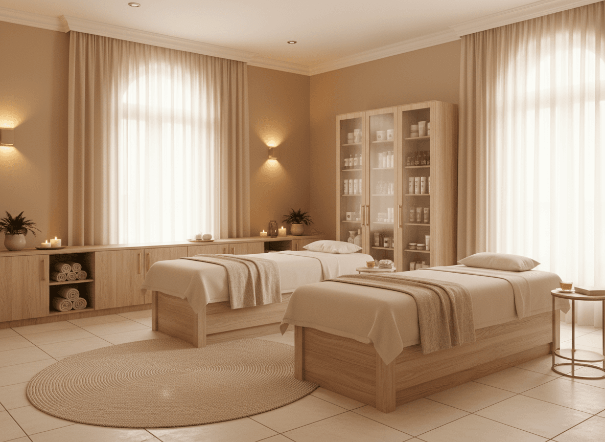 Firefly Gemini Flash Bright Beige Spa Room With Moisture Resistant Laminate Wood Furniture Soft Lighting 286159