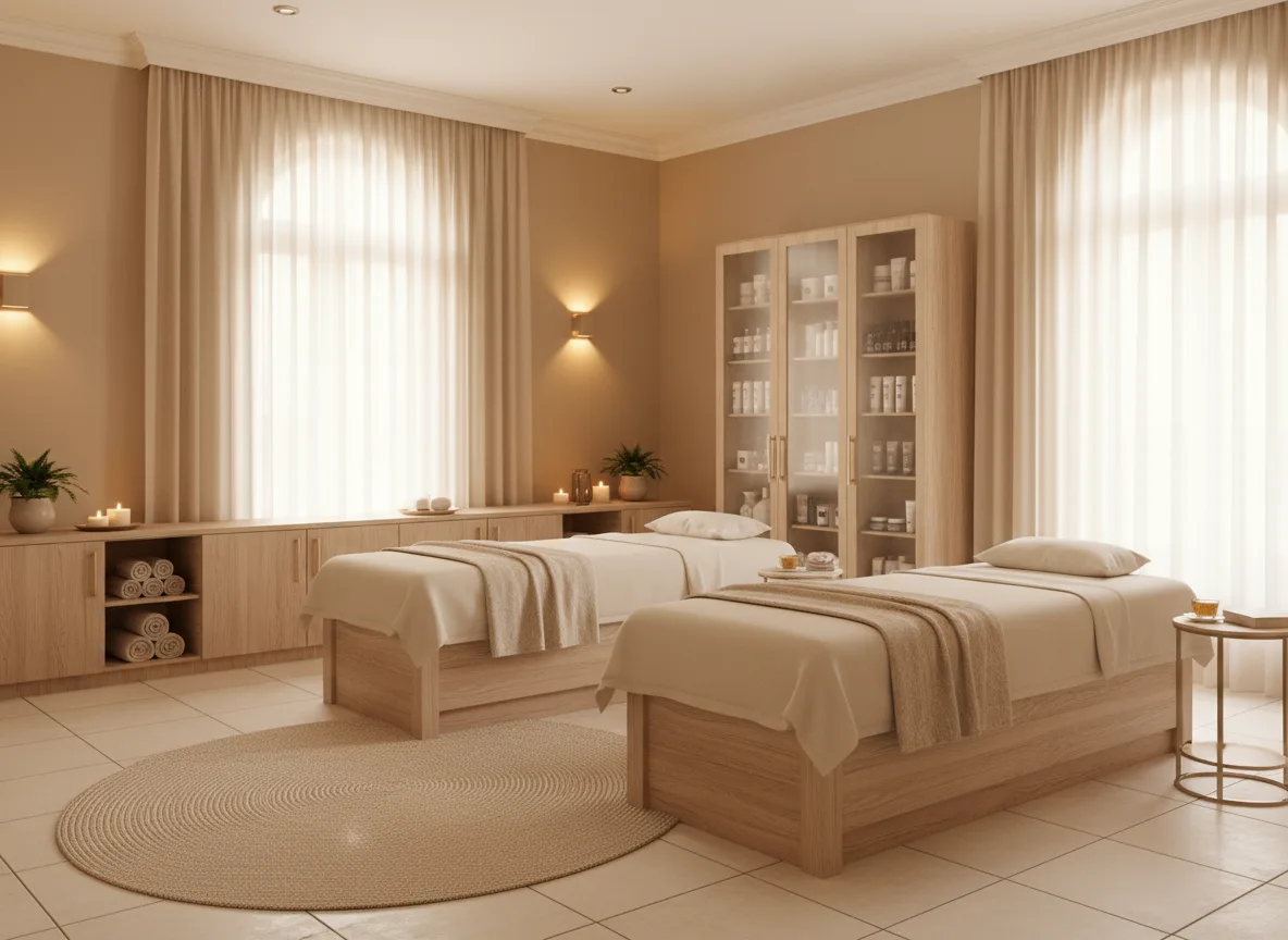 Firefly Gemini Flash Bright Beige Spa Room With Moisture Resistant Laminate Wood Furniture Soft Lighting 286159