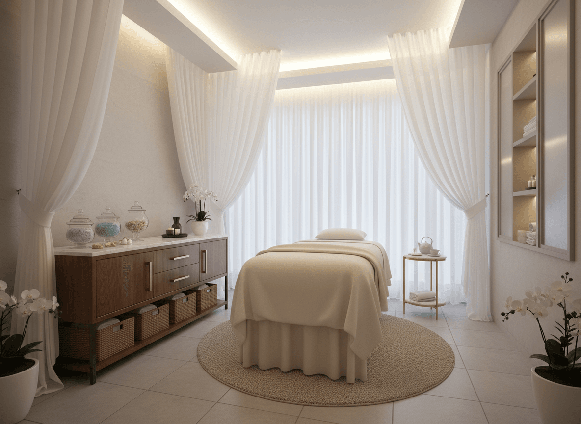 Firefly Gemini Flash Compact Single Person Spa Massage Room Design With Soft White Lighting Silk Curtains 195706