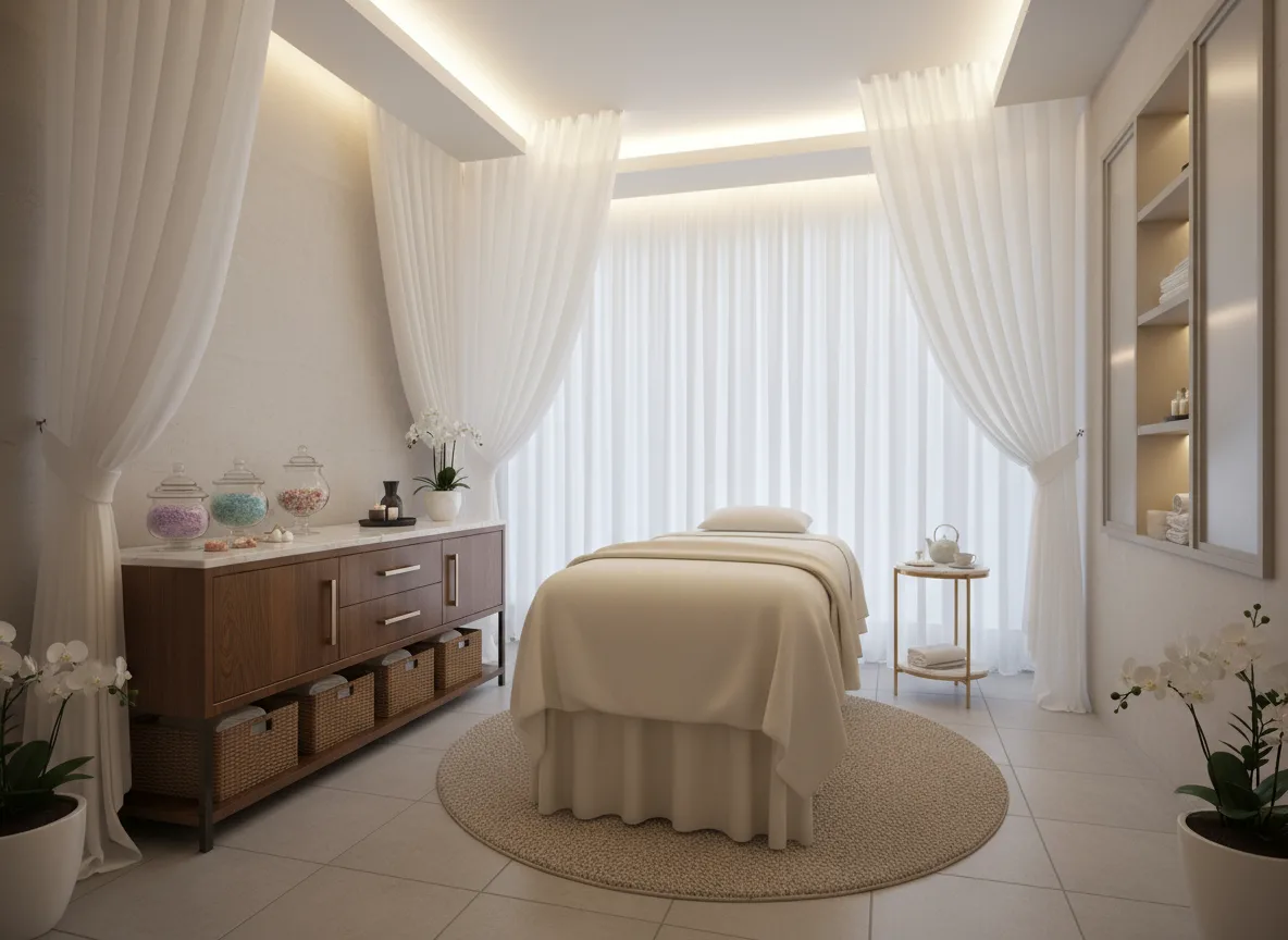 Firefly Gemini Flash Compact Single Person Spa Massage Room Design With Soft White Lighting Silk Curtains 195706