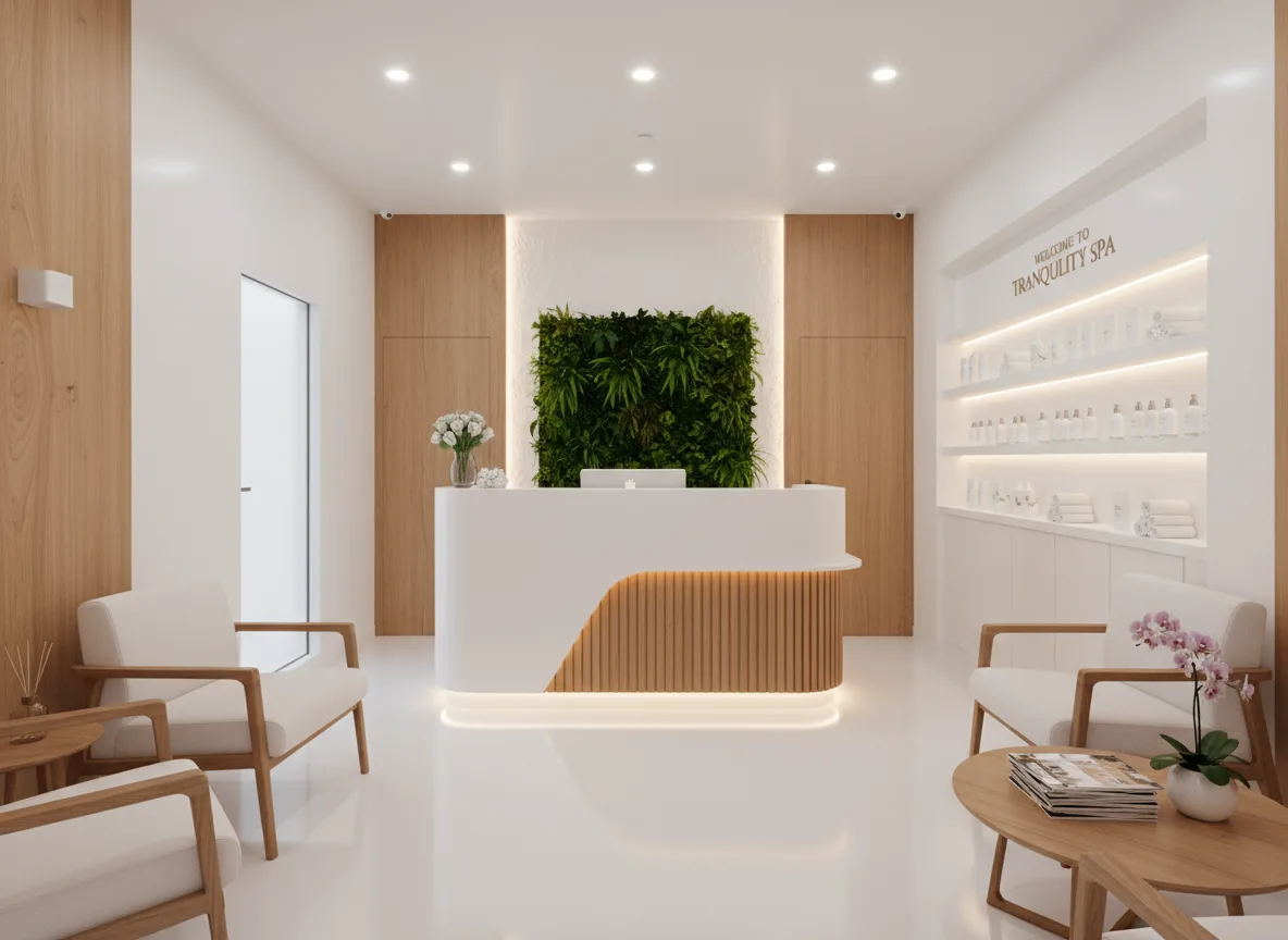 Firefly Gemini Flash Compact Spa Reception Design In A 20m Space Using White And Wooden Brown Tones Nea 349580
