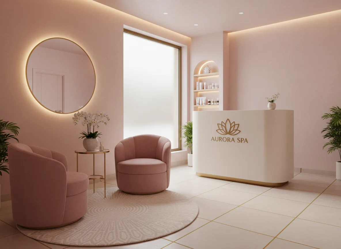 Firefly Gemini Flash Compact Spa Reception In 15m Area Pastel Pink Cream Tones Soft Lighting Side Angl 349580