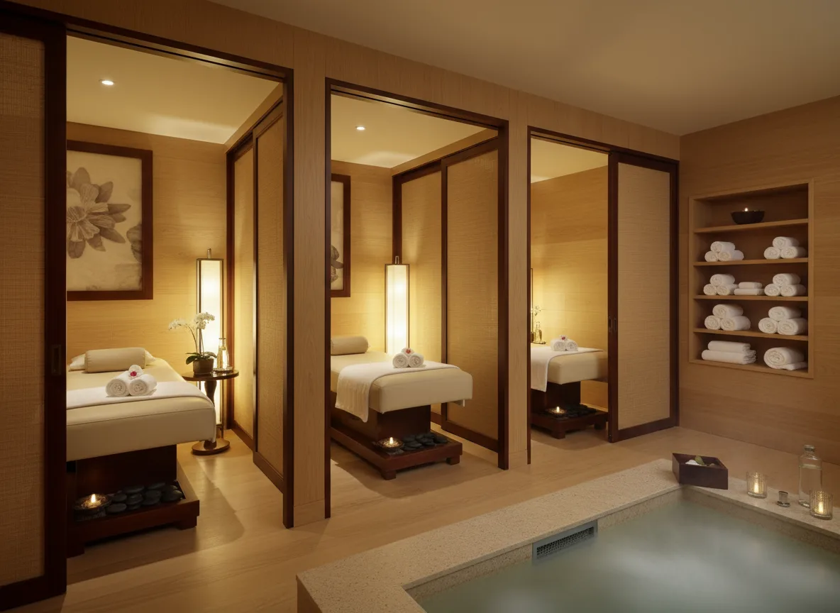 Firefly Gemini Flash Eautiful Spa Interior With Warm Beige Wood Tones Soft Yellow Lighting Leather Cover 349580