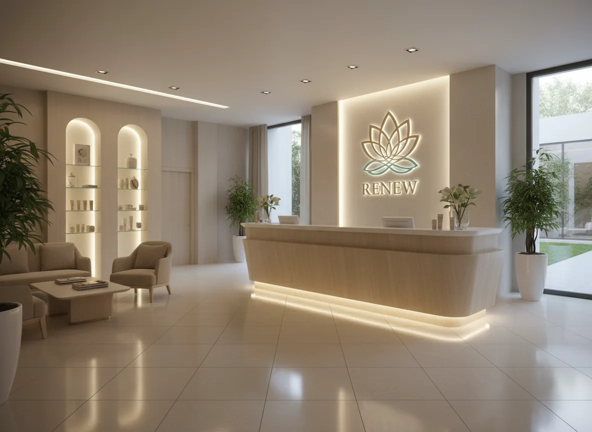 Firefly Gemini Flash Elegant Spa Reception Area With Light Wood Counter Beige Flooring Minimalist Modern 349580