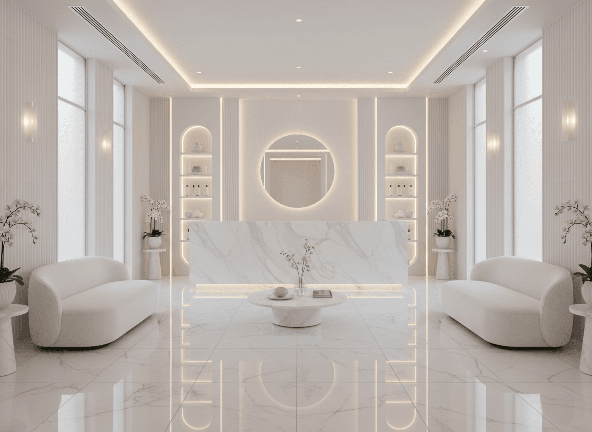 Firefly Gemini Flash Elegant White Tone Spa Design Central Reception Glossy Marble Floor Subtle Led Lig 362302