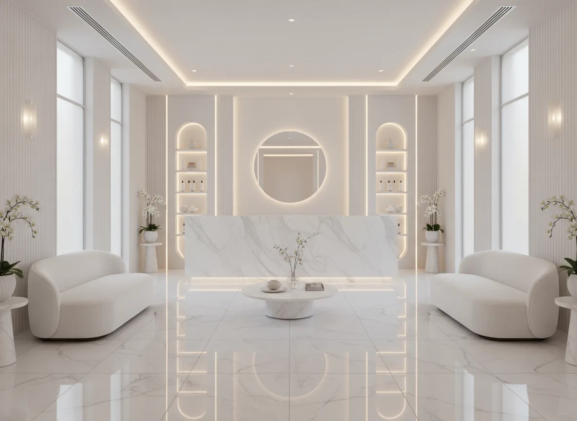 Firefly Gemini Flash Elegant White Tone Spa Design Central Reception Glossy Marble Floor Subtle Led Lig 362302