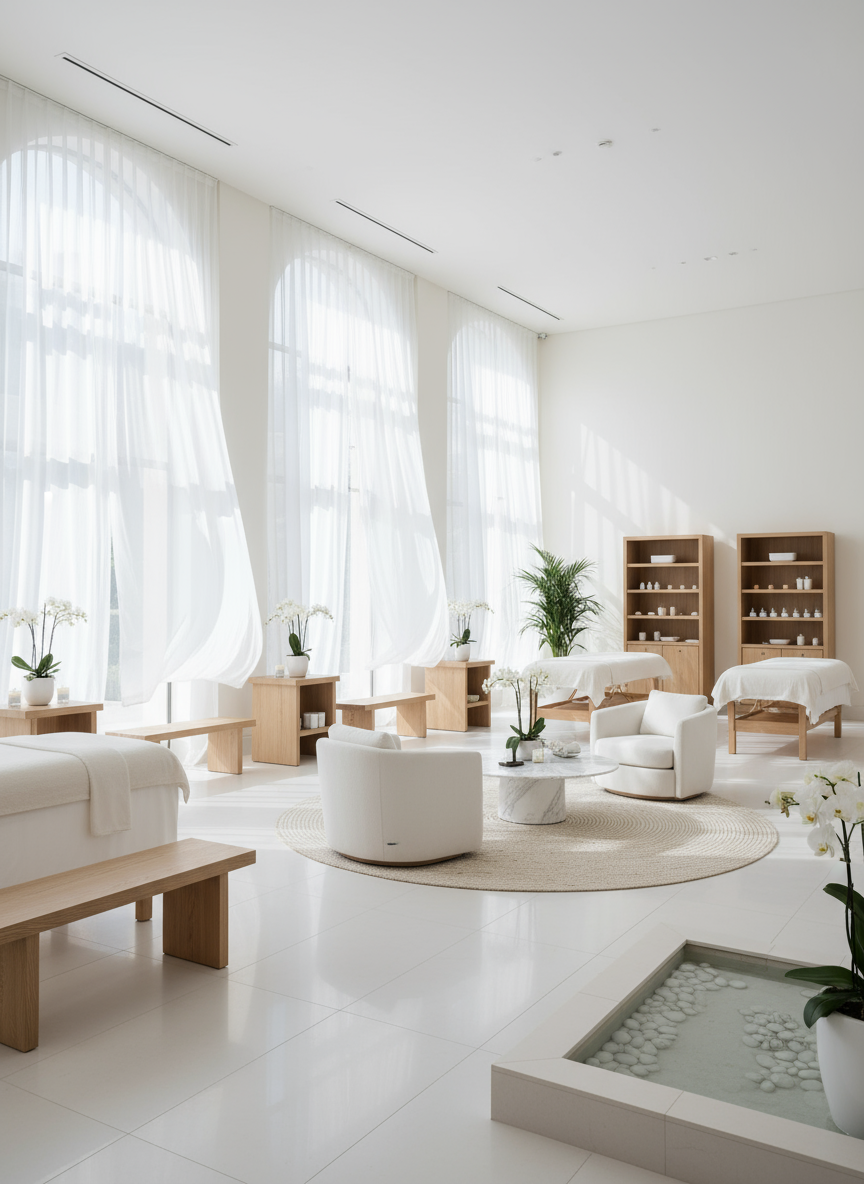 Firefly Gemini Flash Elegant White Tone Spa Design With Natural Light Light Oak Furniture Open Airy Spac 349580