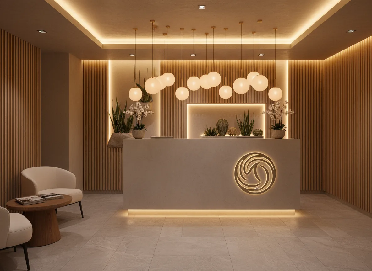 Firefly Gemini Flash High End Spa Space With Minimalist Reception Desk Embossed Logo Warm Ambient Lighti 362302