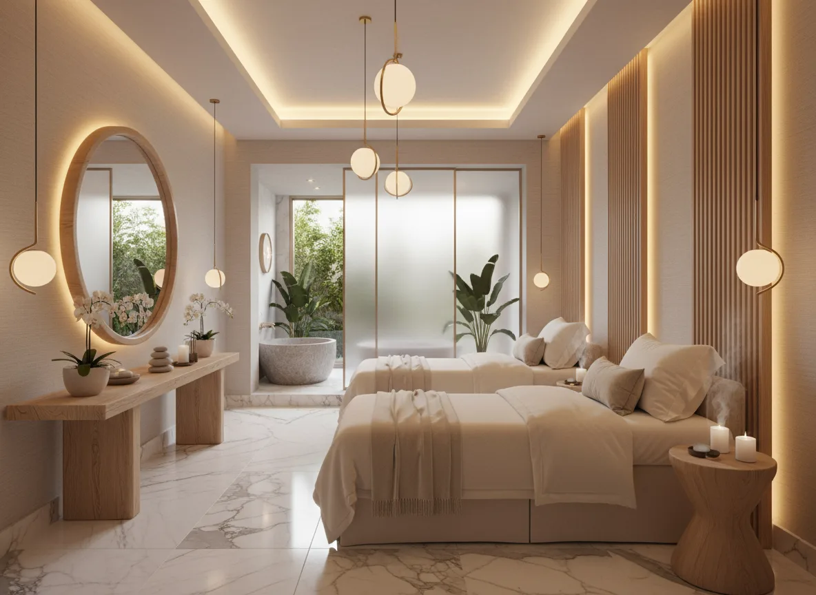 Firefly Gemini Flash High End Spa Treatment Room Design Featuring Natural Wood Furniture Warm Lighting T 286159