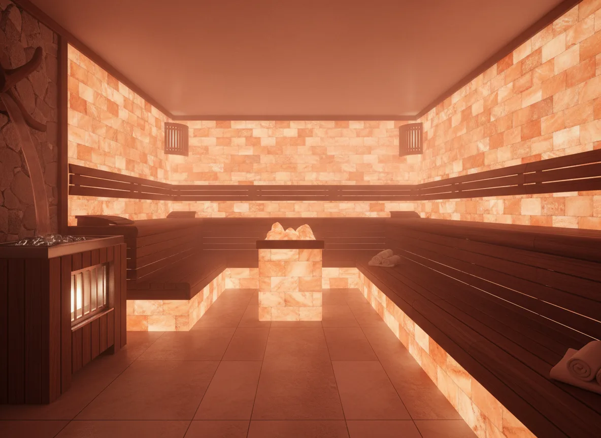 Firefly Gemini Flash Himalayan Salt Stone Sauna With Glowing Stone Walls Warm Pink Orange Lighting And P 195706