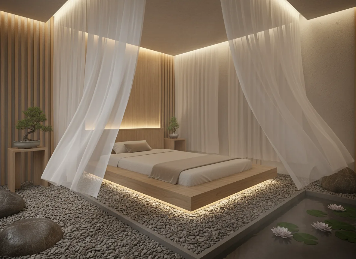 Firefly Gemini Flash Japanese Spa Treatment Room With Low Wooden Bed White Curtains Pebble Stone Floor 286159