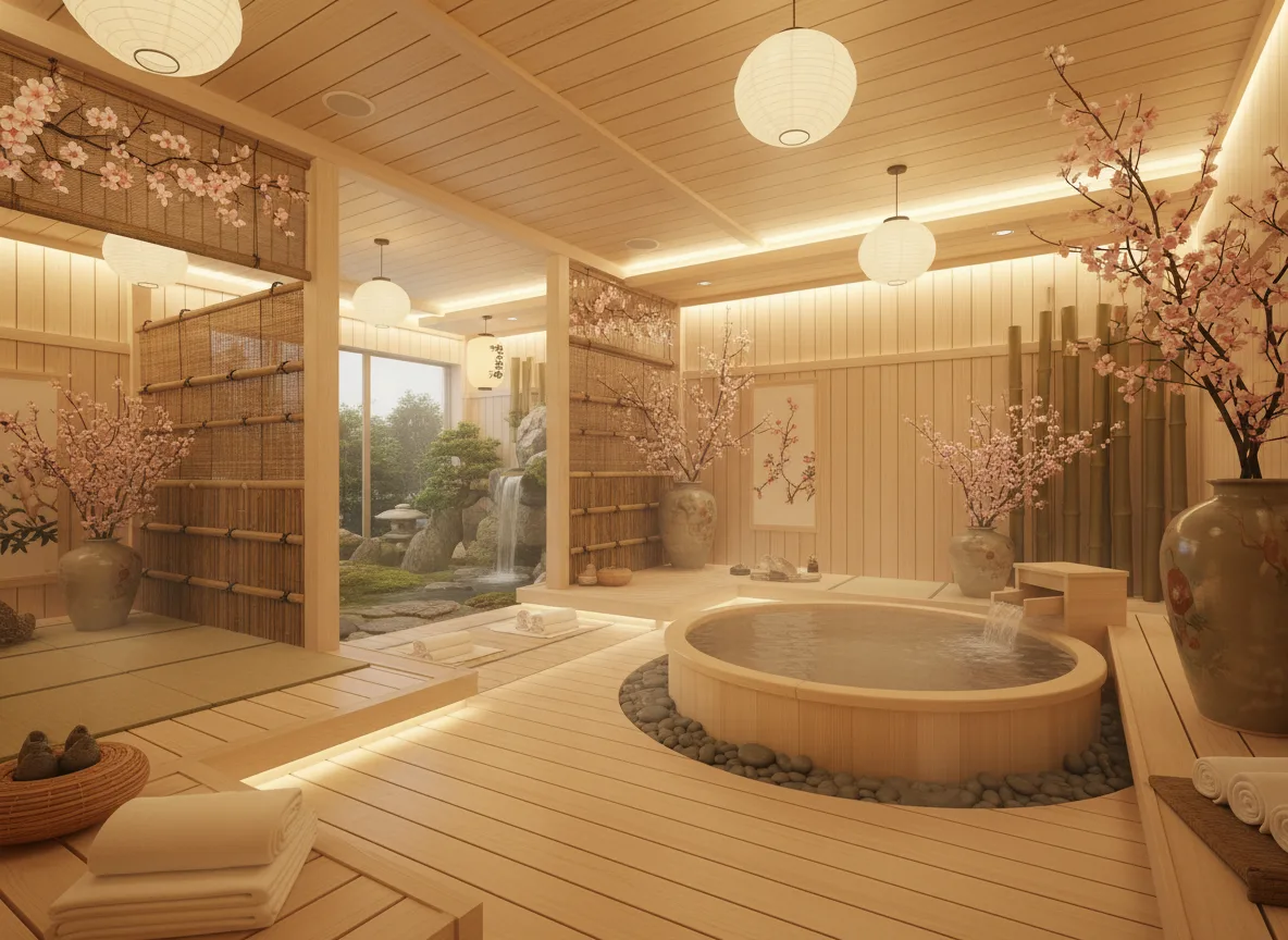 Firefly Gemini Flash Japanese Style Spa Interior Design With Light Wood Bamboo Warm Yellow Lighting Zen 286159
