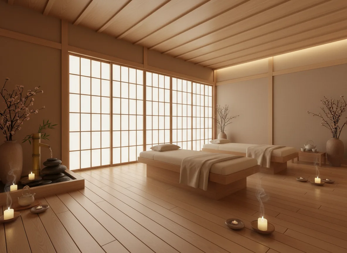 Firefly Gemini Flash Japanese Style Zen Spa Treatment Room Design With Light Wood Scented Candles Shoj 286159