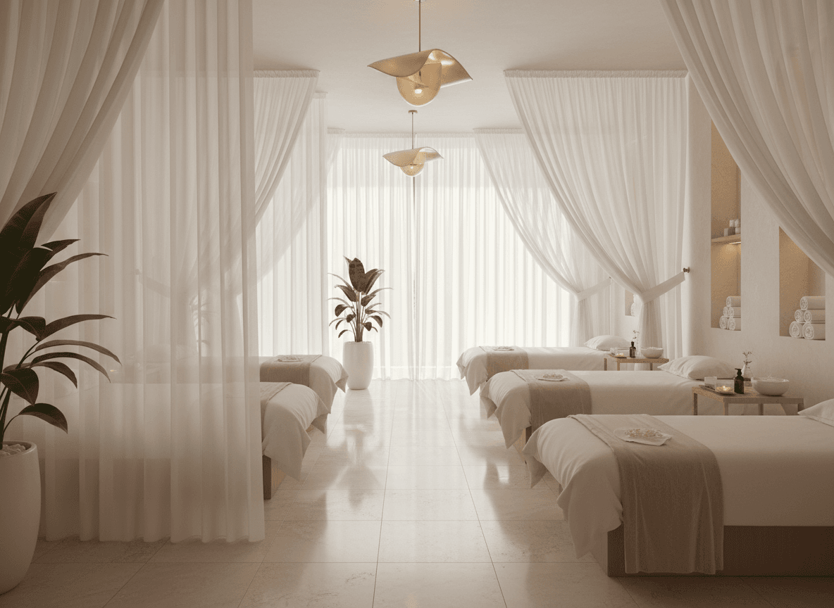 Firefly Gemini Flash Lspa Interior In White And Beige Tones Soft Lighting Treatment Beds With Sheer Curt 349580