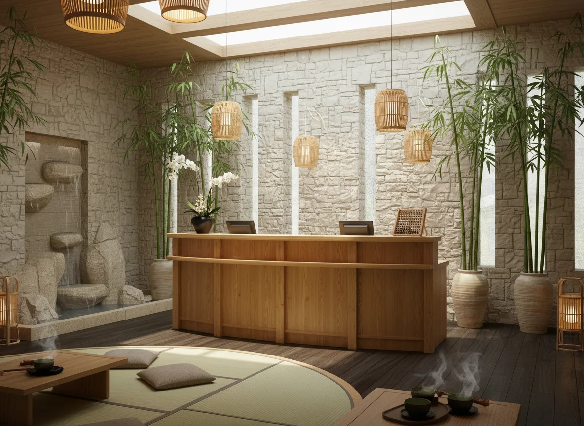 Firefly Gemini Flash Luxurious Japanese Spa With Wooden Cashier Counter Bamboo Lamps Bamboo Plants Ligh 286159