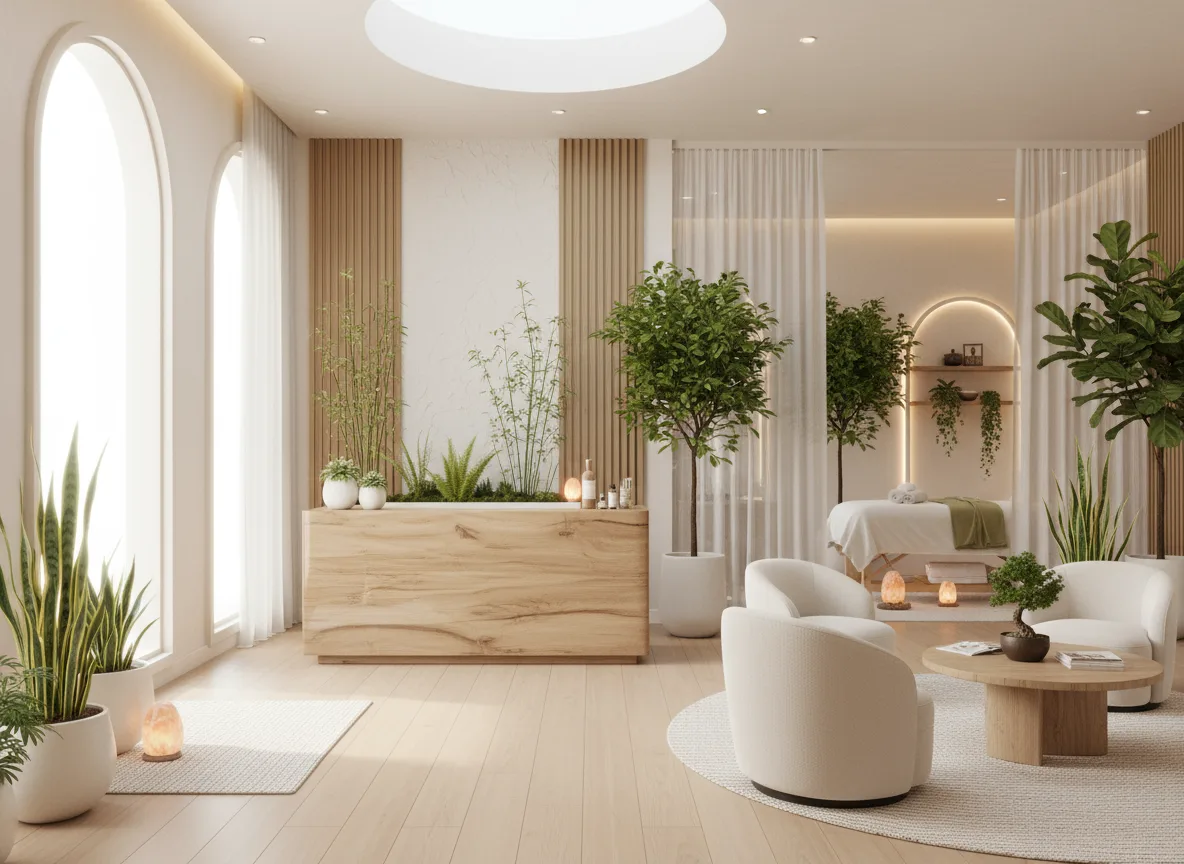 Firefly Gemini Flash Luxurious Spa Design In Bright Tones With A Wooden Reception Counter Treatment Area 231272