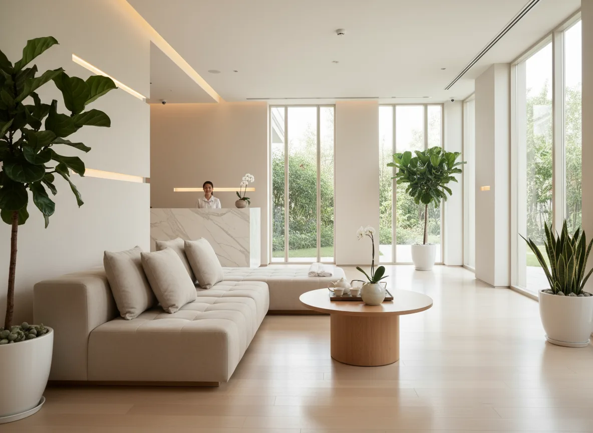 Firefly Gemini Flash Luxurious Spa Reception Lounge In Beige White Tones With Large Cushioned Sofa Round 195706