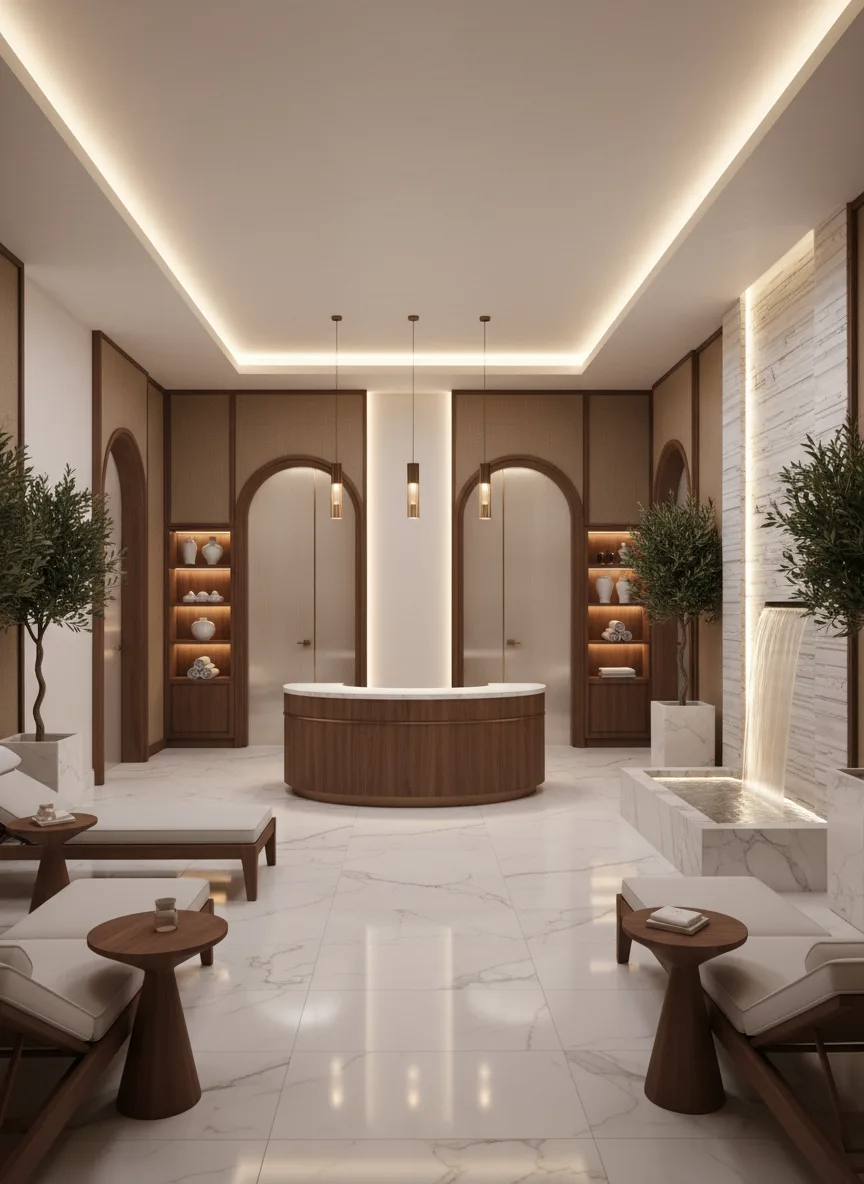 Firefly Gemini Flash Luxury Spa In Brown White Tones Walnut Wood Furniture Warm Lighting Marble Floorin 189713