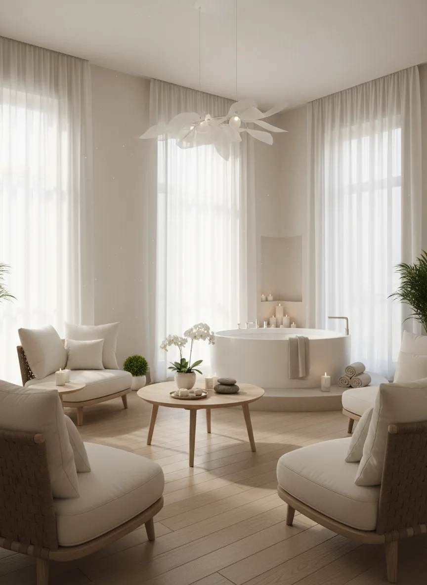Firefly Gemini Flash Luxury Spa Interior In White And Beige Tones Natural Wooden Floor Sunlight Through 189713