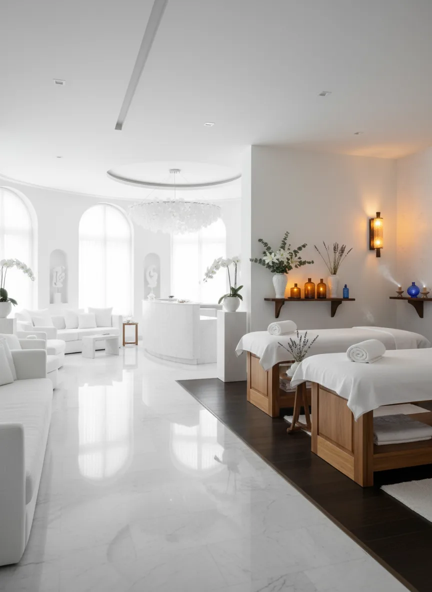 Firefly Gemini Flash Luxury Spa Interior In White And Luxury Spa Treatment Room With Wooden Massage Beds 189713