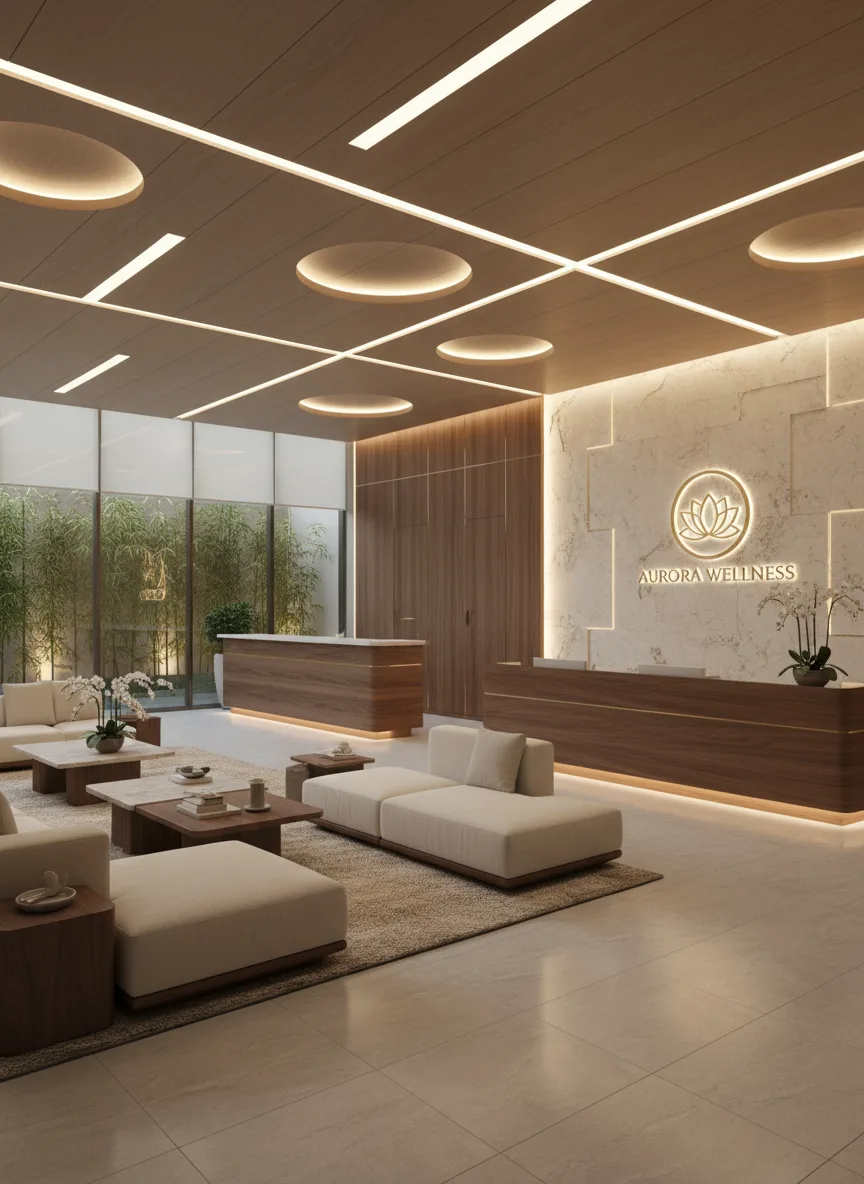 Firefly Gemini Flash Luxury Spa Reception And Waiting Area Design Walnut Veneer Wood Counter Brand Logo 189713