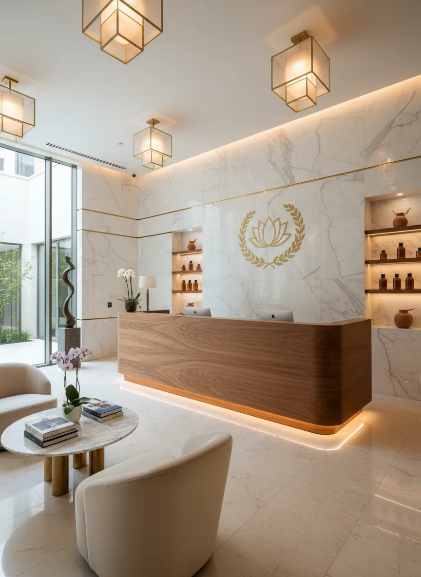 Firefly Gemini Flash Luxury Spa Reception Area Marble Wall Panels Golden Logo Wooden Counter Polished 189713