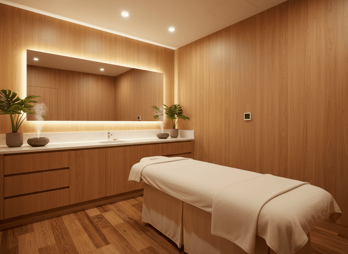 Firefly Gemini Flash Luxury Spa Treatment Room Moisture Resistant Laminate Wood Cabinets Light Brown Ton 286159