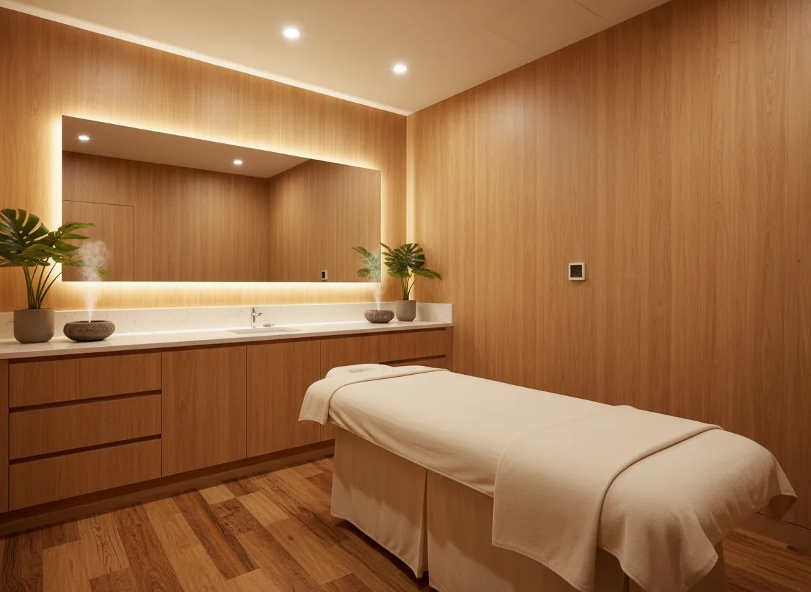 Firefly Gemini Flash Luxury Spa Treatment Room Moisture Resistant Laminate Wood Cabinets Light Brown Ton 286159