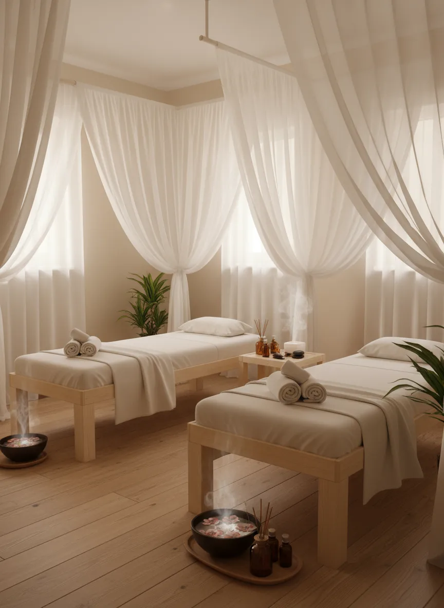 Firefly Gemini Flash Luxury Spa Treatment Room With Light Wood Beds Thin White Curtains Soft Warm Light 189713